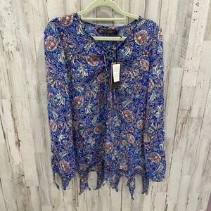New QED London Royal Blue Floral Sheer Blouse Fringe Hem Womens Size 8